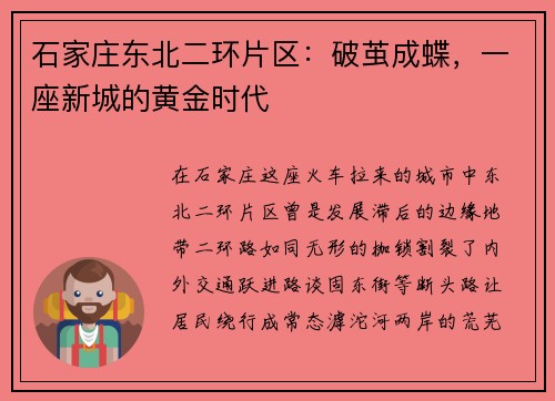 石家庄东北二环片区：破茧成蝶，一座新城的黄金时代